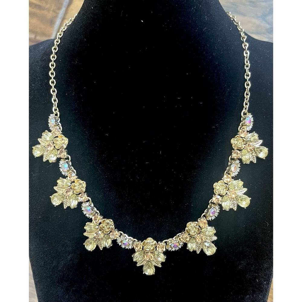 Vintage Floral Rhinestone Choker Necklace -Gold Tone W/Aurora Borealis Accents